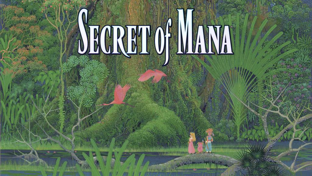 Écran titre du jeu Secret of Mana. Les trois personnage Popoi (une sorte esprit de la nature, ou de lutin), Primm une je fille blonde et Randy un jeune guerrier avec de la végération derrière eux et le titre en lettre blanche au haut de l'image.