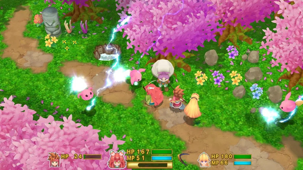 Capture d'écran de Secret of Mana Remake où l'on voit un paysage animé avec des arbres en fleurs, des personnages en action, et des créatures mignonnes dans un monde coloré.